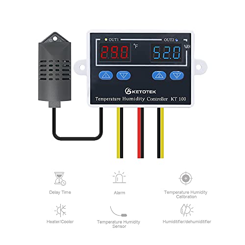 KETOTEK Temperature Humidity Controller Digital Thermostat Module 120V, Heating Cooling Humidification and dehumidification Control 110V 10A, Fahrenheit Display