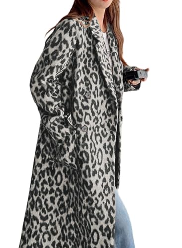 Womens Leopard Long Wool Trench Coat Notched Lapel Double Breasted Pea Coat Winter Warm Overcoat - color: Grey, size: X-Large