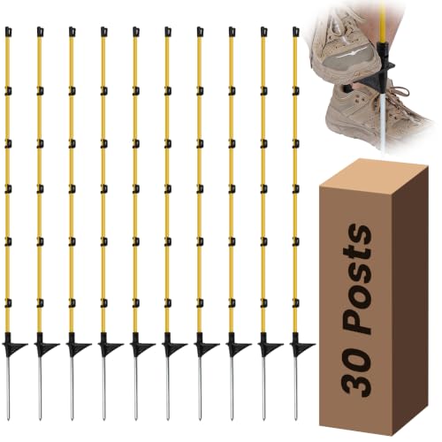 30 PCS Electric Fence Posts, 3/8" x 50" Step in Fence Post | 6 Wire Clips, Metal Ground Spikes, Easy Step-in Fiberglass Fence Posts for Temporary Electric Fencing, Farm Livestock, Garden - size: 50Inch-30PCS