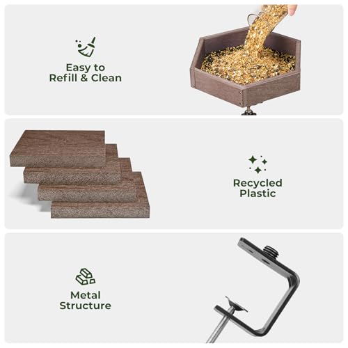 Kingsyard Clamp-On Deck Bird Feeder for Balcony Railings, No Drill | Recycled Poly Lumber, Weather Resistant, Mesh Tray for Airflow & Drainage, Fits Railings up to 2.2 in - color: Brown