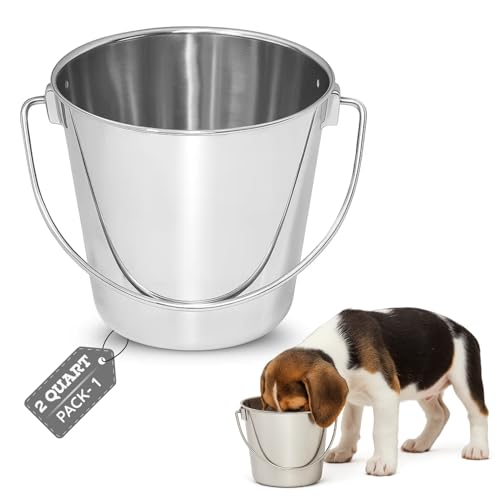 2 quart Heavy Duty Stainless Steel Round Bucket with Handle | 0.5 gal Sturdy Food & Water Bowl for Small Birds Dog Cat & Livestock | Fits kennel Crate Cage Farm | Hanging Utility Pet Pail - size: 2 Quarts