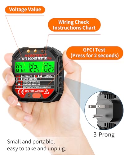 Outlet Tester Electrical GFCI Receptacle Detector with LCD Display, 90-250V Power Socket Tester, Circuit Polarity Voltage Detector, Plug Tester Breaker Finder 6 Visual Indication CAT II 300V (US Plug)