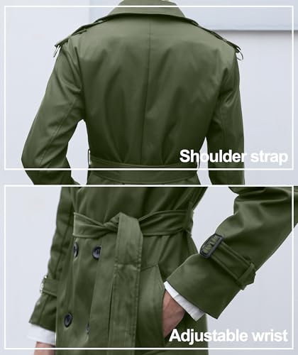 Pantete Men's Double Breasted Trench Coat Oversized Casual Windbreaker Lapel Long Jacket Overcoat - color: Army Green, size: X-Small
