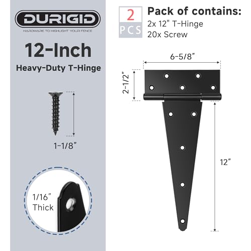 2 Pack 12 Inch T Hinge, Heavy Duty Hinges for Wood, Shed Door Hardware, Fence Hinges for Outdoor Gates, Barn Door, Gate Hinges Used for Heavy Duty Wood Fence, Ideal Outdoor Useage - size: 12 Inch