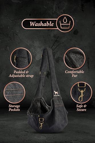 Noah & Paw Dog Sling Carrier for Small Dogs 3-10lb, Dog Sling for Small Dogs and Cats, Dog Carrier with Adjustable Padded Strap, Premium Denim, Lined with Fur, Double Safety Feature, Machine Washable - color: Black, size: 15.0"L x 6.0"W x 5.5"H