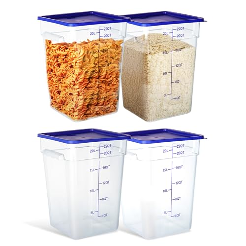 4 Pack 22QT Square Food Storage Containers with Lids | Clear NSF polycarbonate containers with scale, label and measuring cup, stackable for prep, storage, freezer. Dishwasher safe - color: 22Qt-New Version