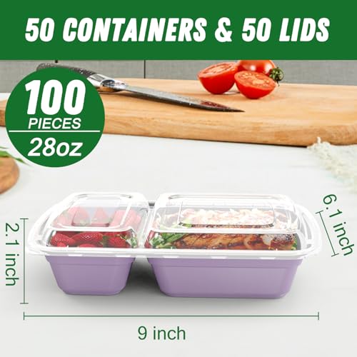 Dealusy 50 Pack 28 oz Meal Prep Containers with Lids 2-Compartment, Lilac | Sturdy Leakproof & Food Safe, Microwave, Freezer, Dishwasher Safe Prep Containers, To Go Take Out Plastic Food Storage - color: Lilac