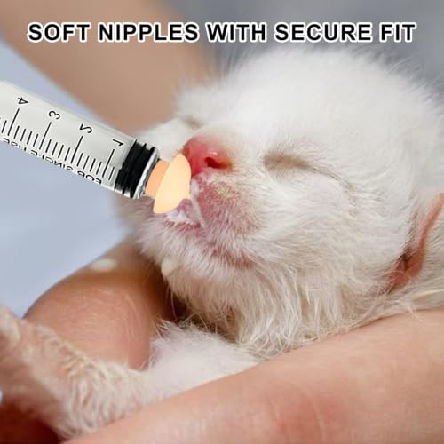 Pet Feeding Syringe with Silicone Nipples | Kitten Syringe for Feeding Newborn Kittens, Puppies, Rabbits and Small Animals (5ml+10ml +10 Silicone Nipples) - color: Ivory