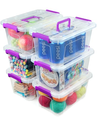 EOENVIVS 6 Pack Clear storage bins with lids, 7 Qt storage containers with lids with Color Buckles, Stackable storage box Set for organizers and storage, Closet, Pantry, Shelves & shoe boxes - color: Clear+Purple