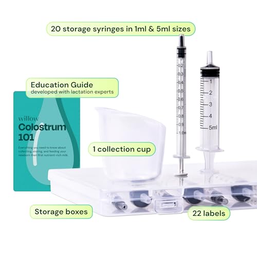 Willow - Colostrum Collection Kit - Colostrum Collector - 20 Syringes | Collection cup, labels & storage case, colostrum collection, breastfeeding essentials, hospital bag essentials