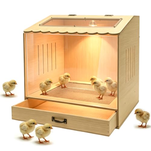 Wooden Chicken Brooder Box with Heating Lamp, 20x18x16 Inch Brooder Box with Mesh Bottom Drawer for Waste Collection for Ducks, Chicks, Hamsters, Lizards
