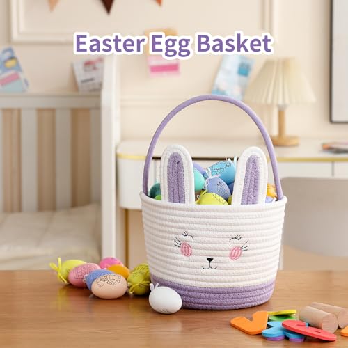 Easter Baskets for Easter Egg with Handle Woven Empty Hunt Boys' Lovely Bunny Rabbit Colorful Woven Basket First Easter Gifts for Boys, Babies, Kids, and Children (Purple) - color: Purple