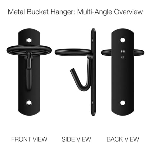 QWORK Metal Bucket Hangers for Horse Stalls, Black Wall Mount Holder with Ring Attachment, Multi-Purpose for Horses, Goats, Donkeys, and More - Includes 4 Hooks and Stainless Steel Screws