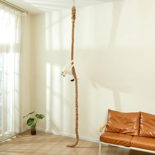 SHENGOCASE 1.9" x 8.9Ft Cat Climbing Jute Rope for Ceiling with Hook, Wall Mounted Furniture for Indoor and Outdoor Cats, Cimbing Pole (8.9 Feet) - size: 8.86 Feet