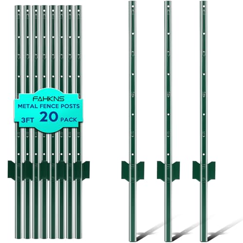 3 ft Fence Post, 20 Pack Heavy Duty Metal Fence Posts, Sturdy Steel T Post | No Dig Fence Stakes, U-Channel Garden stakes for Lawn, Farm, Yard, Orchard and Outdoor Electric Fence Wire, Corner Support - size: 3ft-20 pack