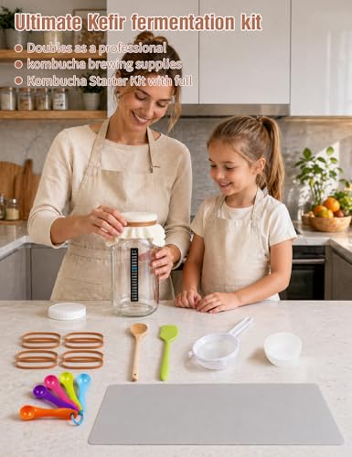 LynxLink Kefir Starter Kit - 64oz Thickened Glass Kefir Jar with Lid - Metal-Free Fine Mesh Strainer for Milk & Water Kefir - Complete Fermentation Kit with Stick-on Thermometer