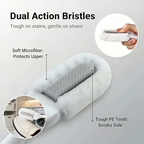 Professional Shoe Cleaning Brush Long Handle - Dual-Action Soft Bristle Shoe Scrubber for Sneakers, Leather, White Shoes | U-Shaped Head & Pointed Tip | Hanging Hole Design (White)