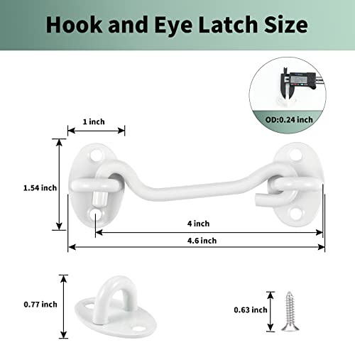 4-Pack White 4" Privacy Hook and Eye Latch for Door Latch Lock Heavy Duty Solid Stainless Steel Door Latches for Barn Doors, Sheds, Wooden Fences - color: -White