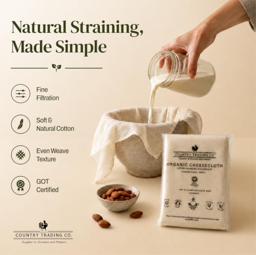 Organic Cheesecloth, Grade 120 Extra-Fine Weave, 2 Hemmed Squares, GOTS Certified Unbleached Cotton, Reusable Straining Cloth for Cheese, Nut Milk, Yogurt & Kombucha - size: 2.8 sq ft (2pcs)