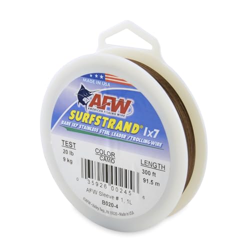 American Fishing Wire Surfstrand Bare 1x7 Stainless Steel Leader Wire - Fishing Leader Line for Saltwater, 20lb Test - 325lb Test in Bright, Camo in 30ft, 300ft, 600ft and 1,000ft Lengths - color: Camo, size: 20 lb / 300 ft