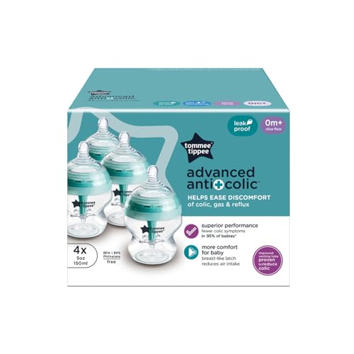 Tommee Tippee Advanced Anti-Colic Baby Bottles, Newborn 0m+, 5oz | Pack of 4, Slow Flow Breast-Like Nipple, Unique Design Keeps Air Away from Milk, Clear, BPA Free - color: Clear, 4 Pieces