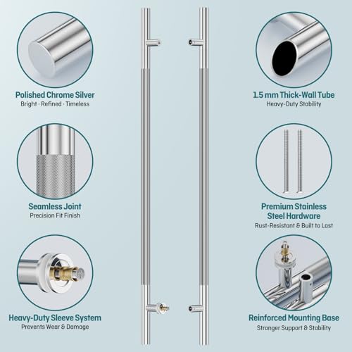 Ranbo 60" Knurled Door Pull Handle, 48"(1219mm) CTC, Polished Chrome | Heavy Duty 1.5mm 304 Stainless Steel, Back to Back Pull Handles for Interior/Front /Barn/Commercial/Entrances, Enhanced Grip - size: 60 Inch