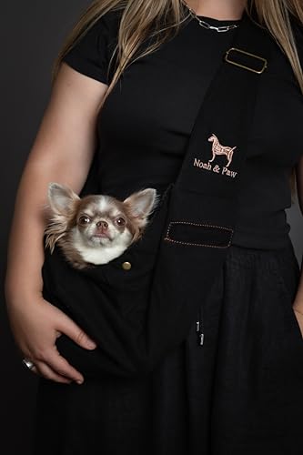 Noah & Paw Dog Sling Carrier for Small Dogs 3-10lb, Dog Sling for Small Dogs and Cats, Dog Carrier with Adjustable Padded Strap, Premium Denim, Lined with Fur, Double Safety Feature, Machine Washable - color: Black, size: 15.0"L x 6.0"W x 5.5"H