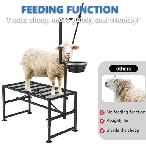 600 LBs Goat Stand with Feed Bin, Goat Milking Stand for Sheep Trimming and Milking, Hoof Trimming Stand Adjustable Size, with Feeder, Iron Black - color: Black, size: L - 47 inch
