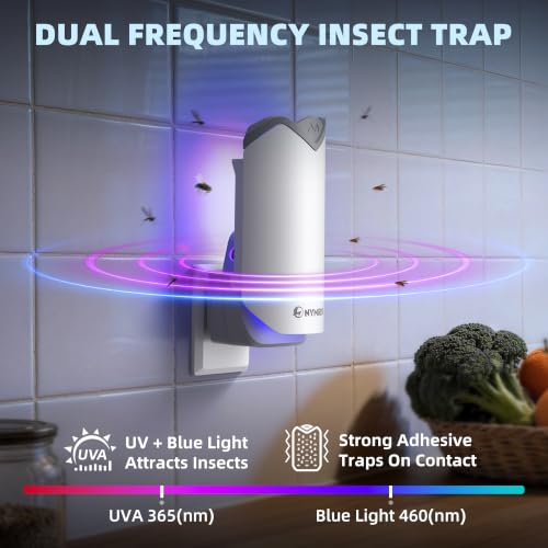 Nymrix Flying Insect Trap, Plug-in Indoor Fly Trap for Fruit Flies & Gnats | 24/7 Blue Light Trap for House Flies & Mosquitoes, Works in Kitchens & Near Plants, Safe for Kids & Pets, 1 Base + 3 Refills