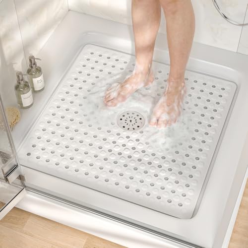 HITSLAM Non Slip Shower Mat, Square Bathtub Mat, 24x24 Inch, White | Diamond Textured PVC Bath Mat With Suction Cups, Shower Stall Mat with Center Drain Hole, Strong Grip, Machine Washable - color: White