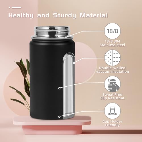 Volhoply 14oz KIds Insulated Stainless Stee Water Bottle with Straw Lid and Silicone Boot,BPA-Free Easy Use for Boys&Girls,Double Wall VacuumLeakproof Bottles(Black,1) - color: Black