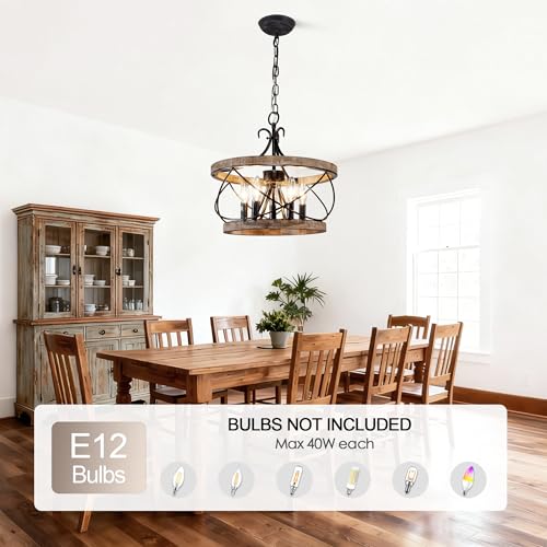20'' Farmhouse Chandelier for Dining Room Rustic Chandelier | 5-Light Hanging Light Fixture over Table Wood Drum Pendant Hanging Lamp, Adjustable Height for Kitchen Entryway Living Room - color: 20" Wood Drum