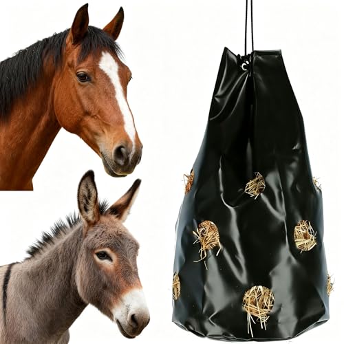 Hay Bag for Horses, Rugged Slow Feed Hay Bags for Goats,Sheep,Donkey,Cows, Alpacas and Ostriches, Premium PVC Waterproof Horse Feeder with 9 Holes,Tear-Resistant, Easy to Fill, Large Opening