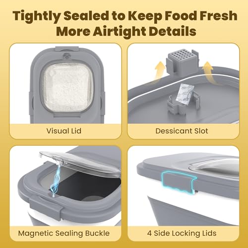 HOYTAMDA 20-30Lbs Collapsible Rice Container,Food Storage Containers Wheels | Rice Storage Container with Airtight Clear Lid,Handle,Small Bin &Scoop,Rice Dispenser for Flour Sugar Cereal Dog Cat Food - color: Grey-20/30lbs