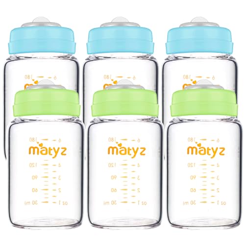 Matyz Glass Breastmilk Storage Bottles, 6 Pack, 6 oz, Sturdy Glass Bottle for Milk Freezing and Baby Feeding - Pumping Bottle for Philips Medela Spectra Breast Pumps - No BPA (3 Green & 3 Blue Lids) - color: [Pack of 6] 3 Green & 3 Blue Lids - 6 Ounce Cle