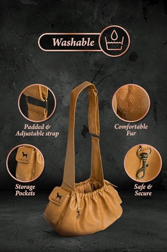 Noah & Paw Dog Sling Carrier for Small Dogs 5-18lb, Dog Sling for Small Dogs and Cats, Dog Carrier with Adjustable Padded Strap, Vegan Leather Lined with Fur, Double Safety Feature, Machine Washable - color: Camel
