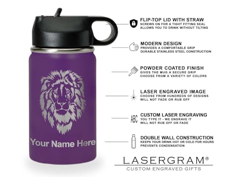 LaserGram Personalized 12oz Water Bottle, Horse (Dark Purple) | Engraved Gift, Vacuum Insulated Stainless Steel, Flip-Top Straw Lid, Laser Engraved With Your Name - color: Dark Purple, size: 12 Ounces