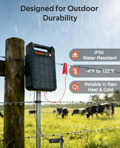 Solar Electric Fence Charger 10 Miles, 0.20J Solar Powered Fence Energizer with Rechargeable 10400mAh Battery, Portable Electric Fence Kit for Livestock, Chicken, Garden Protection, Auto Day/Night