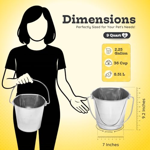 9 quart Stainless Steel Flat Side Bucket | 2.25 gal Durable Heavy Duty Food & Water Feeding Pails for Dog Goat Sheep horse | Fits kennel Cage Critter Crate Hanging Pet Pail | Multipurpose - size: 9 Quarts