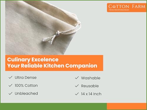 Cotton Farm Nut Milk Bag & Cheese Cloth Bag (Ultra Dense), XL 14 × 14 Inch, 100% Unbleached Cotton Cheesecloth for Precise Food Straining, Washable & Reusable - size: 14 x 14 inch / 2 pieces