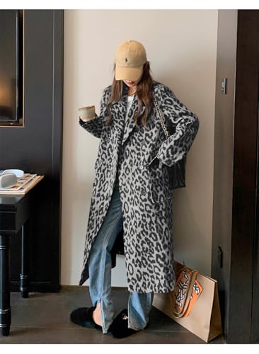 Womens Leopard Long Wool Trench Coat Notched Lapel Double Breasted Pea Coat Winter Warm Overcoat - color: Grey, size: X-Large