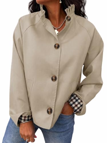 Cicy Bell Womens Ruffle Short Trench Coat Single Breasted Cropped Jackets | Stand Collar, Fall Jackets, Outerwear Coats, Button Down, Plaid Cuffs - color: Dark Khaki, size: XX-Large