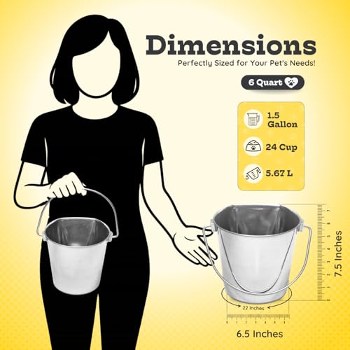 6 Quart Stainless Steel Flat Side Bucket – 1.5 Gallon Heavy Duty Hanging Dog Water Buckets for Kennels & Cages – Flat Back Food & Water Feeding Pail for Livestock, Goats, Sheep & Horses - size: 6 Quarts