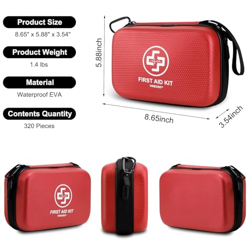 VRIEXSD Premium 320-Piece First Aid Kit, Waterproof EVA Hard Shell Case,Red | Compact Design Emergency Medical Kits with Comprehensive Supplies For Home, Camping, Car, Hiking, Travel, Businesses, Outdoor - color: Red