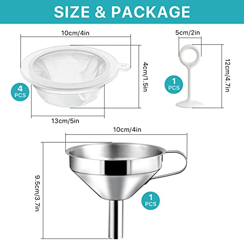 4 Pcs 200 Mesh Food Filter Strainer with 1 Pcs Funnel and Squeezing Rod, Reusable Ultra Fine Mesh Strainer for Filtering Juice Coffee Milk Honey, Kitchen Funnels for Filling Bottles
