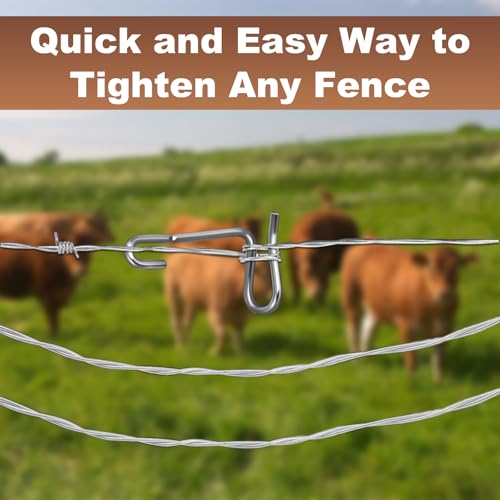 1/4" Fence Wire Tightener Kit, 20 Pcs 6mm Clips with Fence Tensioner Handle | Includes 20 Fence Clips and 1 Tightener Handle for Tensioning and Repairing Wire Fences on Farms, Gardens, Yards and Pastures
