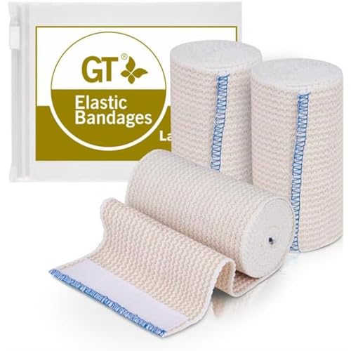 GT Premium Elastic Bandage Wrap (4" 3 Pack) - Hook & Loop Fasteners at Both Ends - Latex Free Hypoallergenic Compression Roll - Reusable Bandages for Waist, Legs, Elbow & Knee Wrap - size: 3 Pack