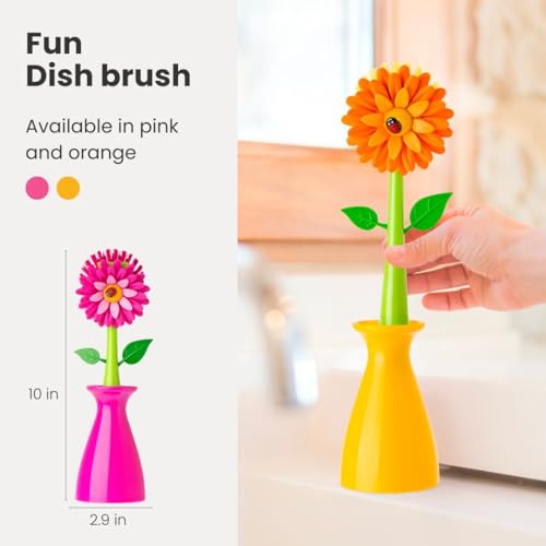 Vigar Flower Power Dish Brush with Handle and Vase Holder - Orange | Dish Scrub Brush for Dishes, Kitchen Scrub Brush, Sink Cleaning Brush, Pot Scrubber, Dishwashing Brush - color: Orange