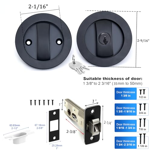 Dontay Pocket Door Keyed Lock, Round Contemporary Entrance Sliding Barn Door Lock Latch, Recessed 2 Sided, 2-3/8 inch Backset, Flush Handles Hardware(Matte Black,2) - color: Matte Black