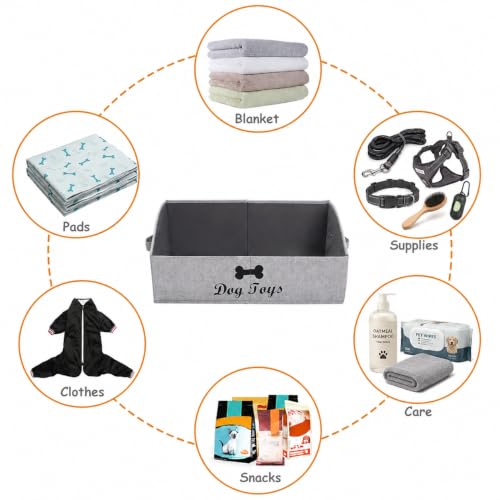 dog toy basket Large dog toy bin dog toy box storage box - Foldable Fabric Trapezoid Organizer Boxes with Handle, Collapsible Basket for Dog Toys (Striped Gray-DOG) - color: Striped Gray, size: Large - Dog Toys